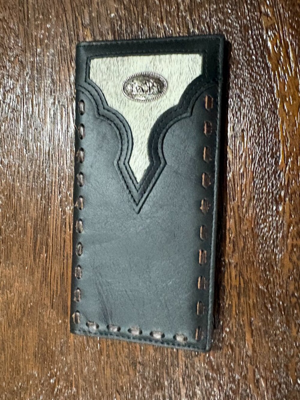 Genuine Leather Long Bi-fold Men's Wallet Horse Rider Cross Animal Hair Black